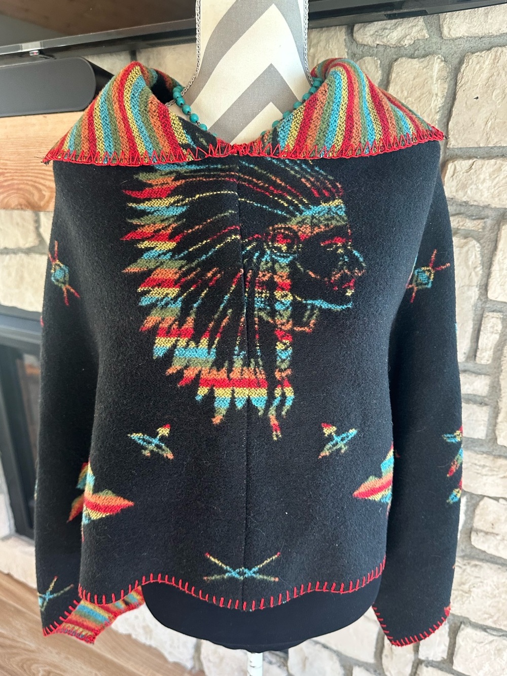 Rhonda Stark southwestern colorful jacquard knit pattern headdress design poncho